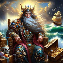 Njord: Lord of Seafarers and Treasures of the Deep, seated majestically by the ocean's edge. Decorated with colorful shells, corals, and a gold chest. Dominion over wealth and the seas. Generative AI