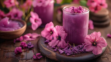   A purple candle sits on a wooden table, surrounded by pink flowers and a purple bouquet in the...