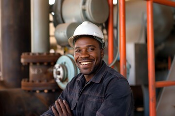 african american rig worker smiling at camera with toothy smile --ar 3:2 Job ID: 897c067c-fd99-410a-8bb1-ee5feda7539e