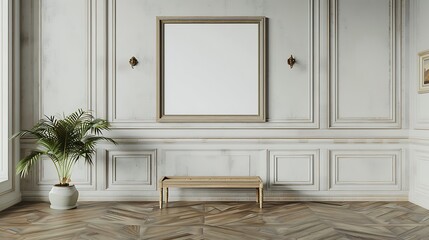 Fototapeta premium A mockup of a blank square photo frame hanging in the middle of wall with Shabby chic, romantic, distressed decoration in Room Captured in the style of architectural photography.,