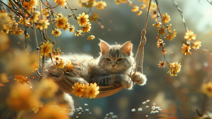 Fluffy grey kitten lounging in an intricate swing made of rope, surrounded by blooming flowers and dappled sunlight, creating a whimsical scene with a soft focus background