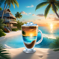 A cup of iced coffee on the sunset beach with palm trees, concept art