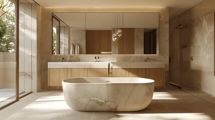 A bathroom designed in the style of Vincent Van Duysen, featuring a freestanding bathtub with white marble and light wood accents