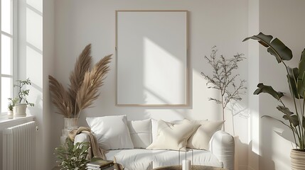 A mockup of a blank square photo frame hanging in the middle of wall with Scandinavian, Nordic, cozy decoration in Room Captured in the style of architectural photography.,