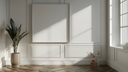 A mockup of a blank square photo frame hanging in the middle of wall with Scandinavian, Nordic, cozy decoration in Room Captured in the style of architectural photography.,