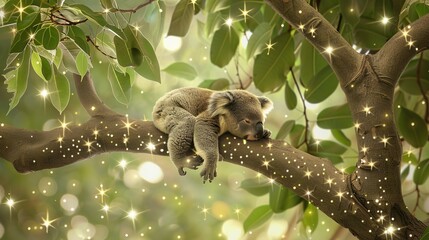 Fototapeta premium A koala snoozes high up in a tree with plenty of lush green foliage and a sky full of stars