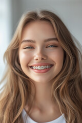 Fototapeta premium A charming portrait of a happy, smiling teenage girl with a delightful smile and dental braces.