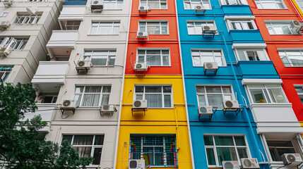 Colorful modern apartment building facade with air conditioners and balconies