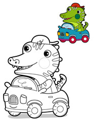 cartoon scene with happy funny dinosaur  dino lizard dragon kid having fun childhood  playing kindergarten  isolated background colorful illustration coloring page with preview