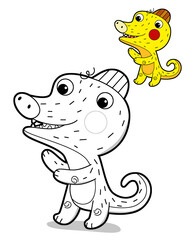 cartoon scene with happy funny dinosaur  dino lizard dragon kid having fun childhood  playing kindergarten  isolated background colorful illustration coloring page with preview