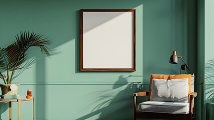 A mockup of a blank square photo frame hanging in the middle of wall with Retro, midcentury modern, nostalgic decoration in Room Captured in the style of architectural photography.,