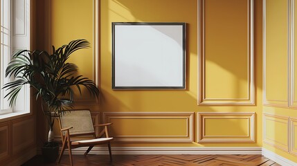 A mockup of a blank square photo frame hanging in the middle of wall with Retro, midcentury modern, nostalgic decoration in Room Captured in the style of architectural photography.,