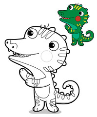 cartoon scene with happy funny dinosaur  dino lizard dragon kid having fun childhood  playing kindergarten  isolated background colorful illustration coloring page with preview