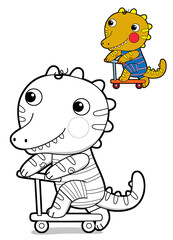cartoon scene with happy funny dinosaur  dino lizard dragon kid having fun riding scooter childhood  playing kindergarten  isolated background colorful illustration coloring page with preview