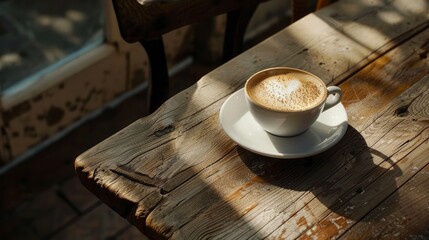 A perfectly brewed cup of cappuccino resting on a wooden table