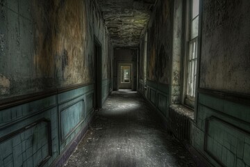 Dimly lit hallway in an abandoned building, with peeling paint and a sense of mystery