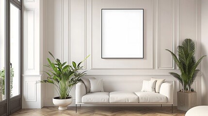 A mockup of a blank square photo frame hanging in the middle of wall with Modern, minimalism, ecofriendly decoration in Room Captured in the style of architectural photography.,