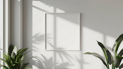 A mockup of a blank square photo frame hanging in the middle of wall with Modern, minimalism, ecofriendly decoration in Room Captured in the style of architectural photography.,