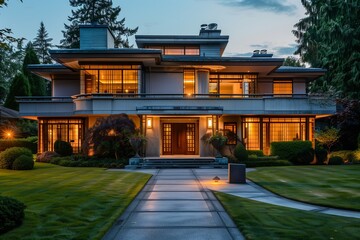 Fototapeta premium : A sophisticated Art Deco-style suburban house with bold geometric shapes, streamlined forms, and luxurious materials, set on a well-manicured property.