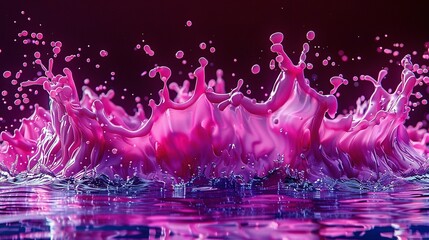   A purple-pink liquid splashes into water, reflecting a boat image on its surface