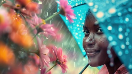 The picture of the smiling person wearing the raincoat and holding the umbrella for protection from the rain weather and also surrounded with colourful flower yet umbrella got wet from rain. AIG43.