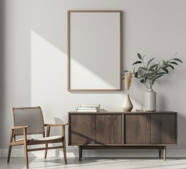 An empty rectangle frame mockup, placed on top of the modern grey wood cabinet in living room with white walls and chair