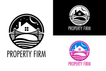 night moon bridge property community firm construction brand real estate agents logo design 
