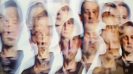An artistic representation with multiple overlaid images of a man's face, blurred to convey movement or transformation.
