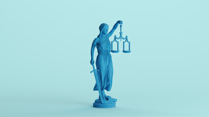 Blue lady justice judicial system classic statue woman green mint soft tones pale background quarter right view 3d illustration render digital rendering	
