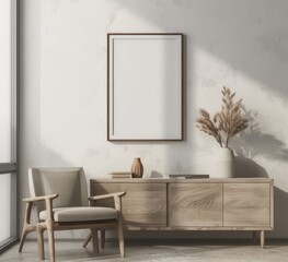 An empty vertical rectangle frame mockup, placed on top of the modern sideboard in living room with white walls, the wall is clean and there's no furniture or objects next to it