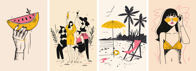 Fototapeta premium Collection of minimal summer poster cover designs. Summer vacation background