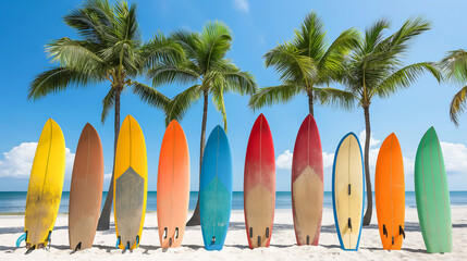 Lineup of colorful surfboards standing upright on a sandy beach with palm trees in the background
