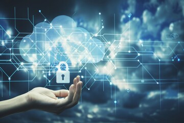Network of secure cloud icons connected by data lines, representing robust cloud protection and advanced digital technology
