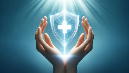 Hands gently cradle a luminous shield adorned with a cross, symbolizing protection and health, bathed in divine light from above