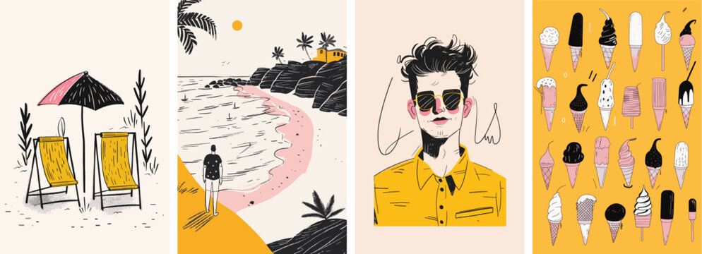 Collection of minimal summer poster cover designs. Summer vacation background