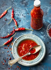 A flat-lay scene on a dark blue textured background features a bottle of chili sauce, a bowl of chili sauce with a spoon, and scattered red chili peppers.