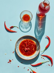 A vibrant flat-lay image on a light blue background features a bowl of chili sauce, a glass of chili flakes, a bottle of hot sauce, and scattered red chili peppers.