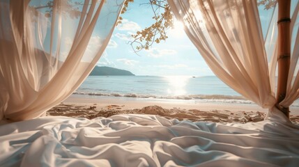 A serene scene viewed through a bed, capturing the tranquil beach and clear skies, inviting...