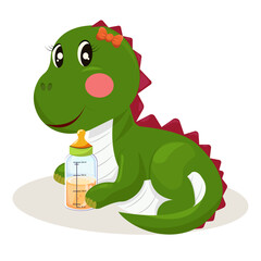 Cute green baby cartoon dragon with a bottle of milk and a brightly colored bow on his head. Vector illustraion