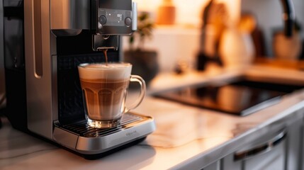 A sleek modern coffee machine alongside a glass cup filled with creamy latte, perfectly placed on a white marble countertop in a well-lit kitchen setting