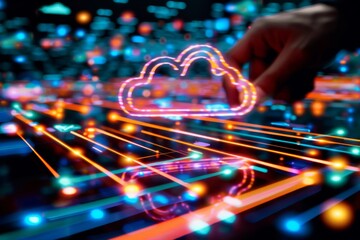 Hand interacting with a digital interface showcasing secure cloud computing and data protection, emphasizing innovative technology