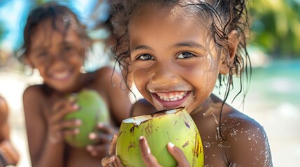 Portrait of smiling little boy holding coconut