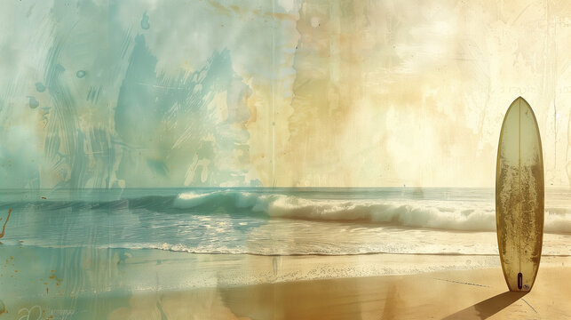 A surfboard is on the beach next to the ocean
