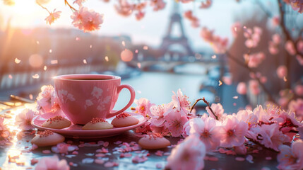A cute pink cup with a hot drink standing next to sakura branches on the table against the backdrop of the Eiffel Tower. Cozy atmosphere of morning coffee on a sunny spring day.
