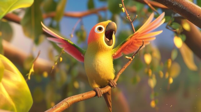 An animated parakeet in mid-flight, joyfully singing among blossoming branches.