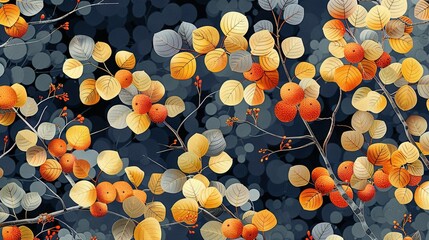   A painting depicting a group of leaves on a tree branch against a dark blue background, with orange and yellow hues