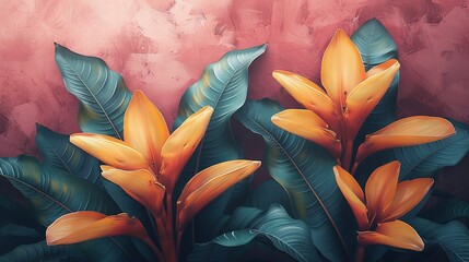   A painting of orange flowers and green leaves on a pink background with a pink wall in the background is an artistic depiction of nature's beauty The vibrant colors of the flowers and leaves