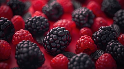   A red surface is adorned with a bountiful arrangement of raspberries, both regular and black, while a lush black leaf rests atop them