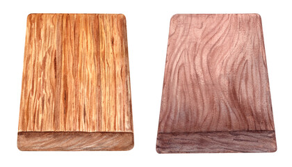 Wood brown plank with shabby texture. Eco friendly materials. Perspective view. Rectangular serving board. Template for food projects, interior design. Watercolor illustration of organic natural desk