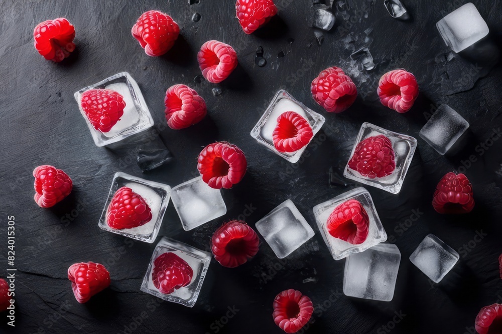 Wall mural fresh juicy raspberry and ice cubes on dark stone background. flat lay, top view. citrus fruits cut.